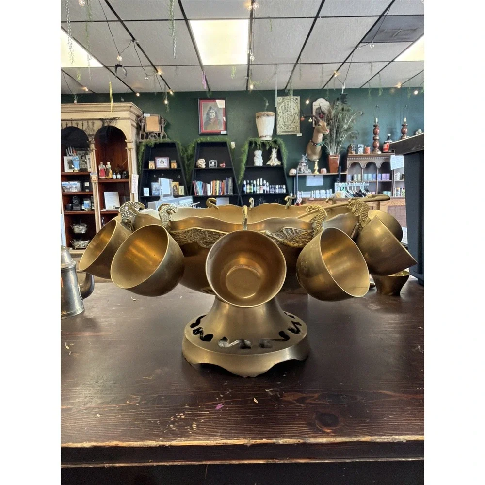 Vintage Brass Punch Bowl Set With 12 Cups and Ladle.